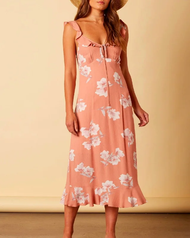 Cotton Candy LA - Forever Young Floral Midi Maxi Dress in Mauve/Peach Comfortable Cotton Maxi Dress