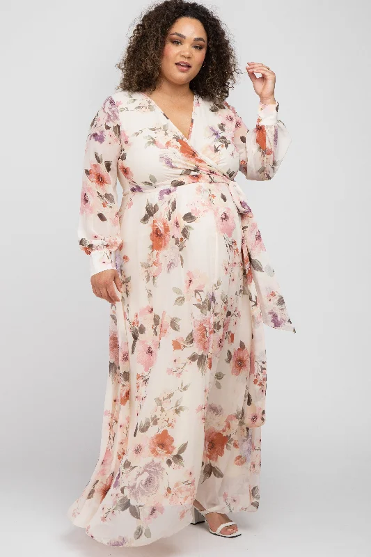 Cream Floral Chiffon Long Sleeve Pleated Maternity Maxi Dress Elegant Maxi Dress with Belt