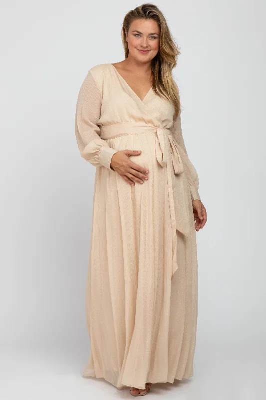 Cream Metallic Chiffon Maternity Plus Maxi Dress Trendy A-Line Maxi Dress