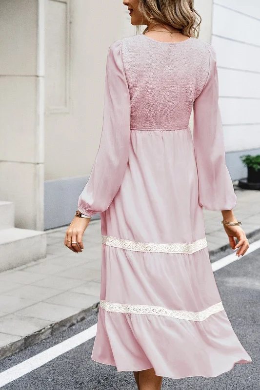 WOMEN LACE TRIM LONG SLEEVE ELEGANT MAXI DRESS Fashionable Chiffon Maxi Dress