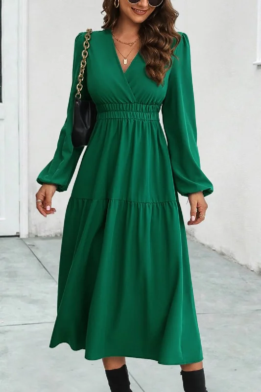 WOMEN ELASTIC WAIST V NECK LONG SLEEVE MAXI DRESS Cozy Longline Maxi Dress