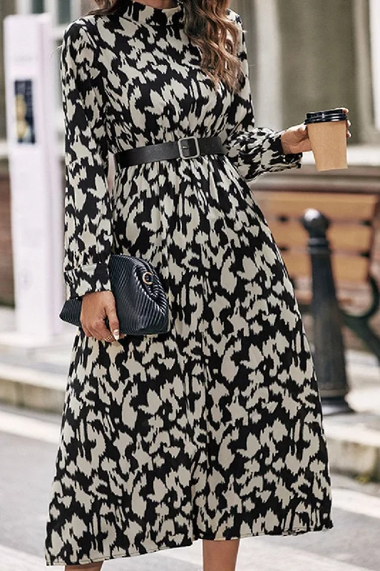 WOMEN HIGH NECK LONG SLEEVE LEOPARD MAXI DRESS Elegant Maxi Dress with Belt