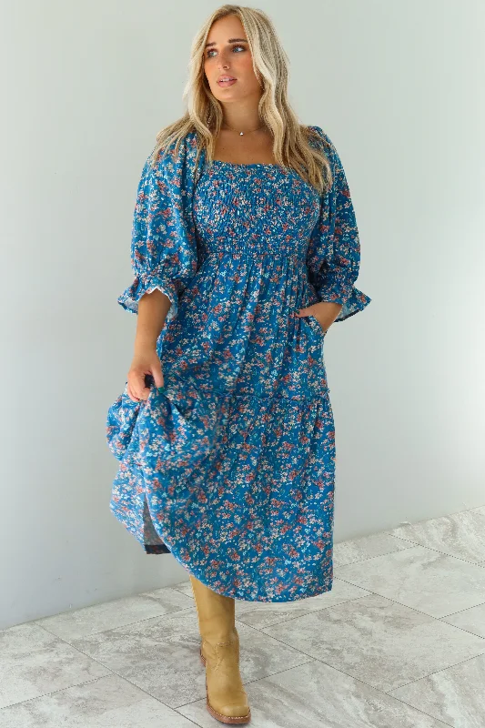 Do You Think Of Me Maxi Dress: Blue/Multi Floral Trendy Maxi Dress with Straps