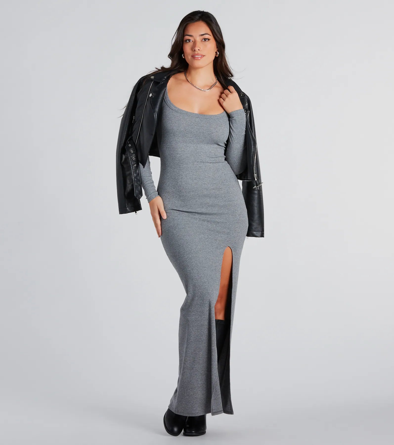 Elevated Vibes Ribbed Knit High Slit Maxi Dress Comfortable Maxi Dress with Belt