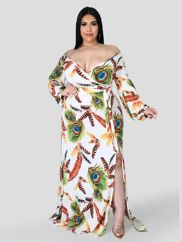 Feather Print V-Neck Crisscross Wrap Maxi Dress Fashionable High-Low Maxi Dress