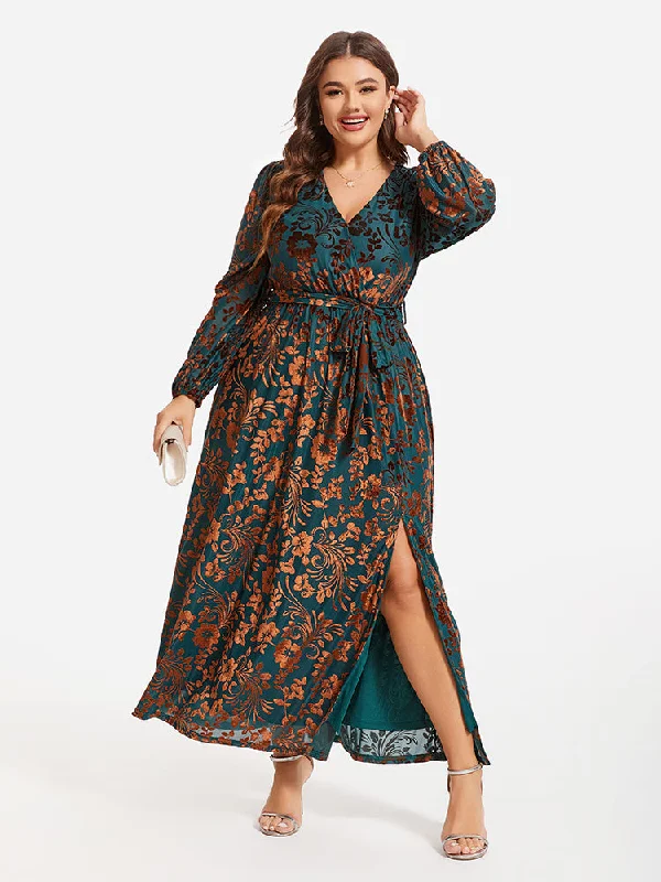 Floral Print Belted Split Wrap Velvet Maxi Dress Elegant Maxi Dress with Pockets