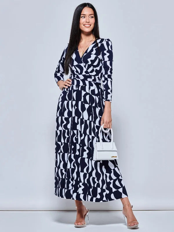 Geometric Print Long Sleeve Maxi Dress, Navy Geo Fashionable Sheer Maxi Dress