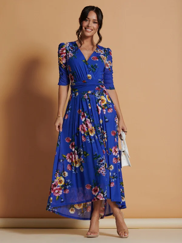 Haizley Floral Print Mesh Maxi Dress, Royal Multi Classic V-Neck Maxi Dress