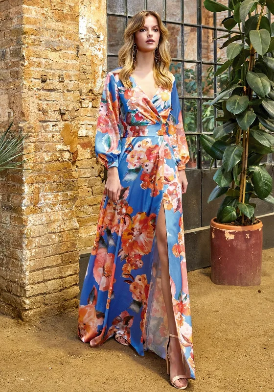 Herysa Long Sleeve Floral Maxi Dress, Blue & Orange Trendy Button Front Maxi Dress