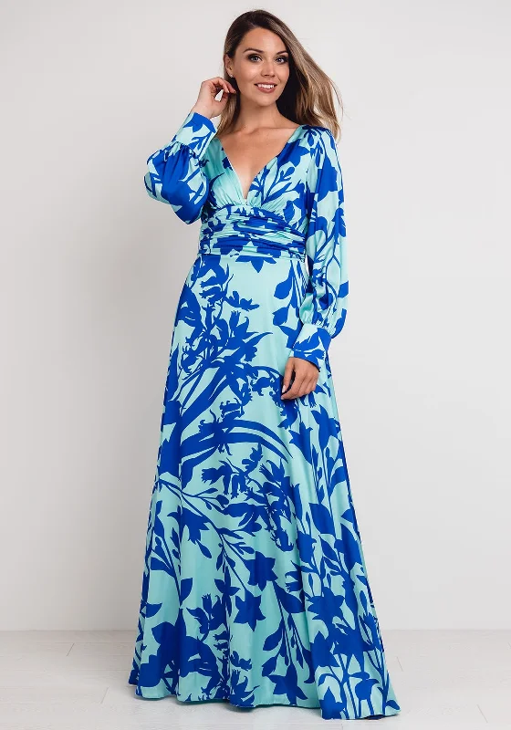 Herysa Printed Satin Maxi Dress, Aqua & Blue Trendy Maxi Dress with Straps