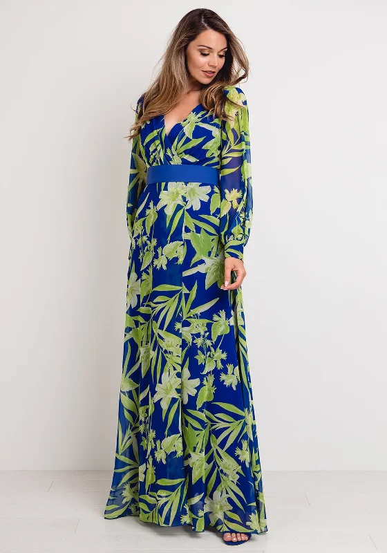 Herysa Tropical Floral Wrap Maxi Dress, Blue & Green Elegant Floral Maxi Dress