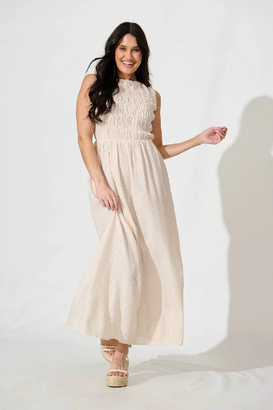 Ionia Maxi Dress in Beige and White Gingham Trendy Button Front Maxi Dress