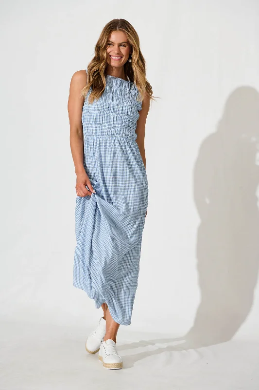 Ionia Maxi Dress in Blue and White Gingham Stylish Maxi Dress with Pleats