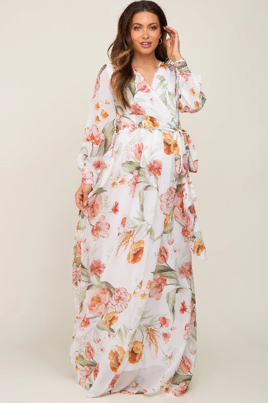 Ivory Floral Chiffon Long Sleeve Maternity Maxi Dress Fashionable Halter Neck Maxi Dress