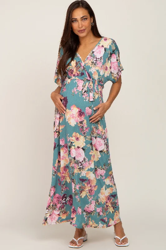 Jade Floral Wrap Front Waist Tie Maternity Maxi Dress Fashionable Faux Wrap Maxi Dress