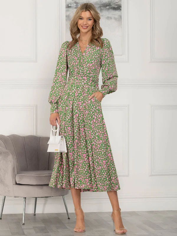 Jolie Moi Allyn Long Sleeved Maxi Dress, Green Animal Elegant Lace Maxi Dress