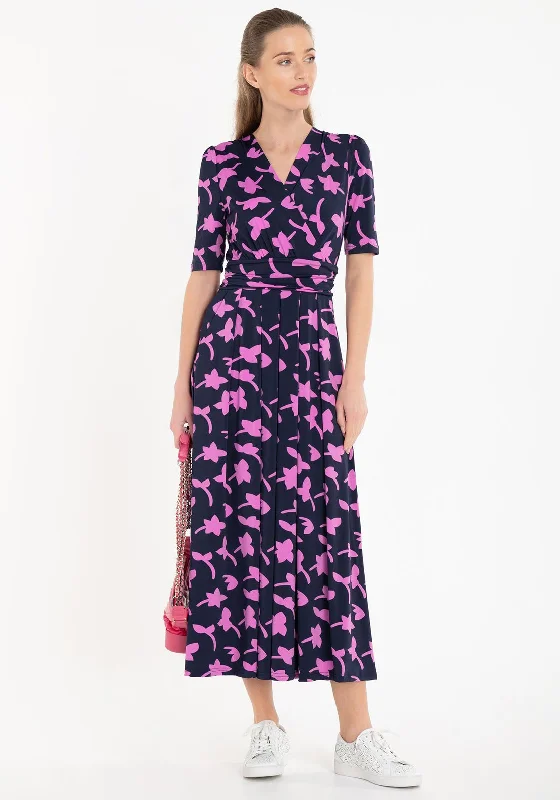 Jolie Moi Amaka Leaf Print Jersey Maxi Dress, Navy & Pink Comfortable Cotton Maxi Dress