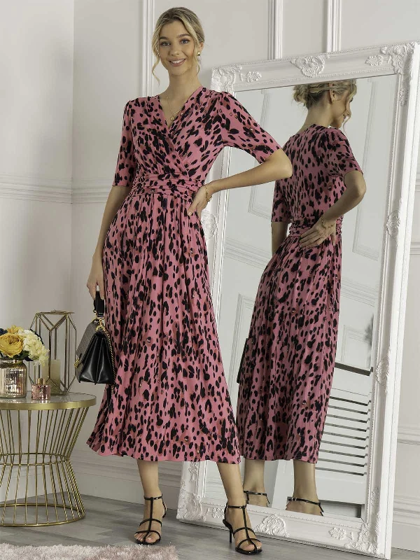 Jolie Moi Animal Print Wrap Neck Maxi Dress, Pink Animal Elegant Maxi Dress with Ruffles