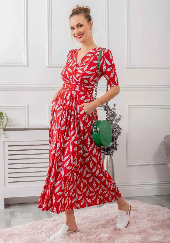 Jolie Moi Coleen Printed Maxi Dress, Red Leafy Comfortable Ruffle Maxi Dress