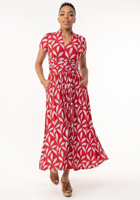 Jolie Moi Marbouka Leaf Print Maxi Dress, Red Multi Chic Off-Shoulder Maxi Dress