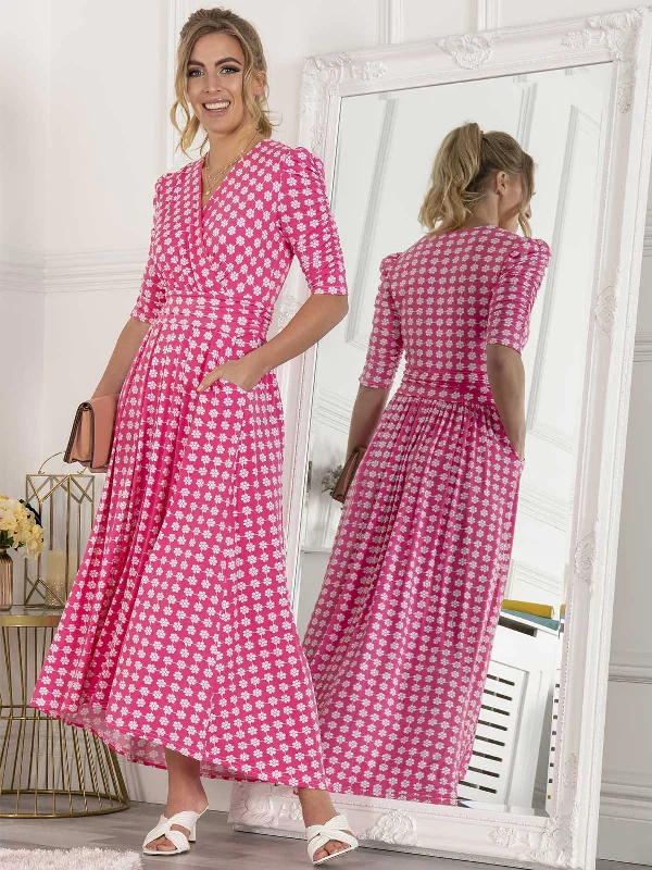 Jolie Moi Elenora Ruched Sleeve Maxi Dress, Pink Pattern Classic Strapless Maxi Dress