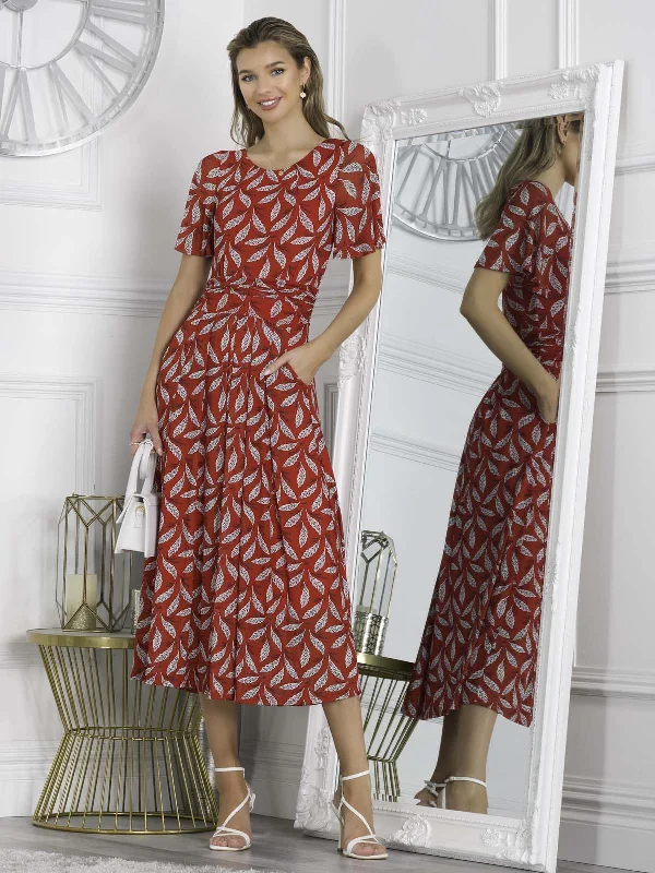 Jolie Moi Giana Mesh Maxi Dress, Red Leafy Trendy Short Sleeve Maxi Dress