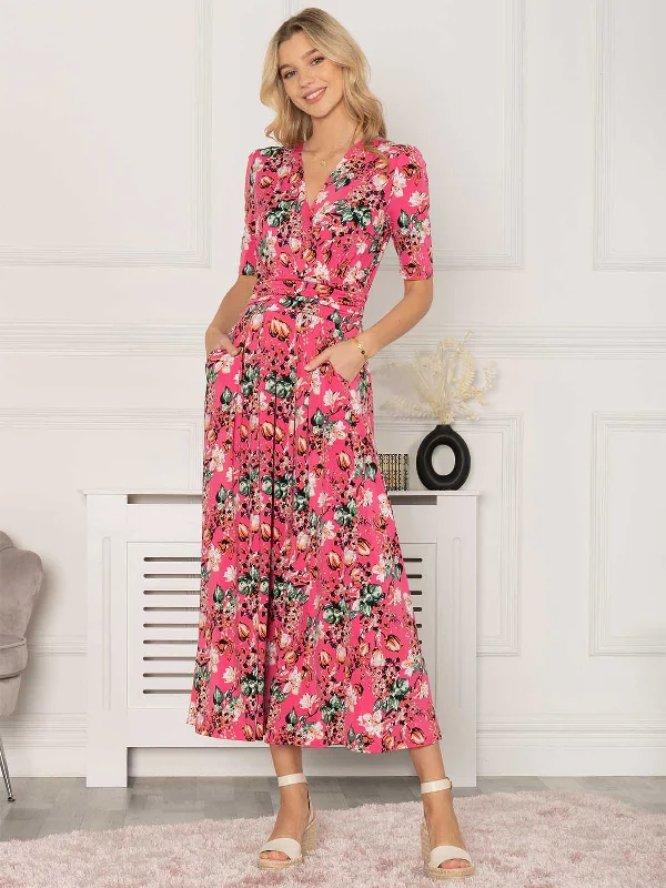 Jolie Moi Gillian Floral Maxi Dress, Cerise Elegant Pleated Maxi Dress