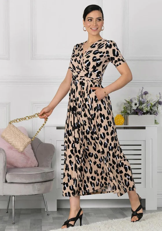 Jolie Moi Kiera Animal Print Maxi Dress, Camel Stylish Maxi Dress with Pleats