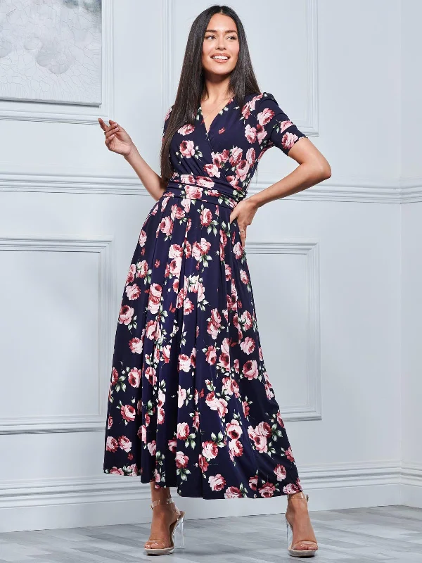 Kiera Wrap Front Maxi Dress, Navy Floral Elegant Velvet Maxi Dress