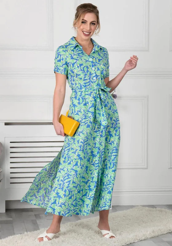 Jolie Moi Viera Leaf Print Maxi Dress, Green & Blue Cozy Knitted Maxi Dress