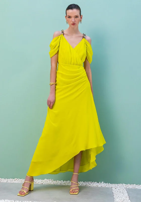 Kameya Bead Strap Cold Shoulder Maxi Dress, Yellow Stylish Boho Maxi Dress