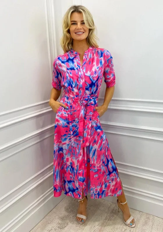 Kate & Pippa Capri Mandarin Neck Maxi Dress, Pink & Blue Stylish A-Line Maxi Dress