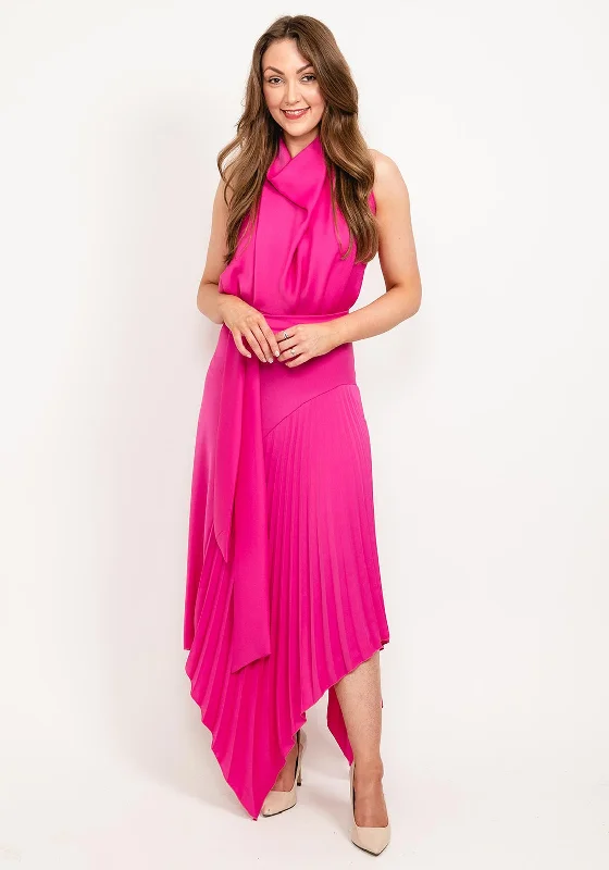 Kevan Jon Perla High Neck Pleat Maxi Dress, Fuchsia Stylish Button-Up Maxi Dress