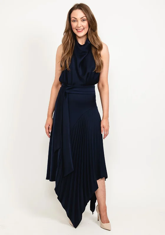 Kevan Jon Perla High Neck Pleat Maxi Dress, Navy Stylish Maxi Dress with Frills