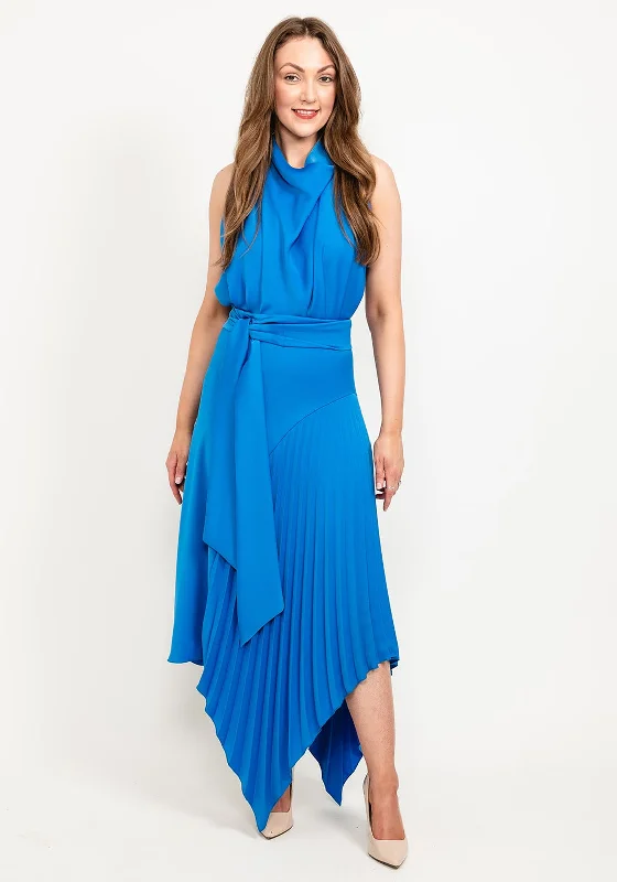 Kevan Jon Perla High Neck Pleat Maxi Dress, New Blue Fashionable Layered Maxi Dress