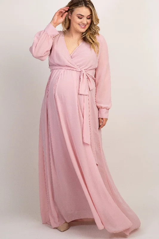 Light Pink Chiffon Long Sleeve Pleated Plus Maternity Maxi Dress Comfortable Pleated Maxi Dress