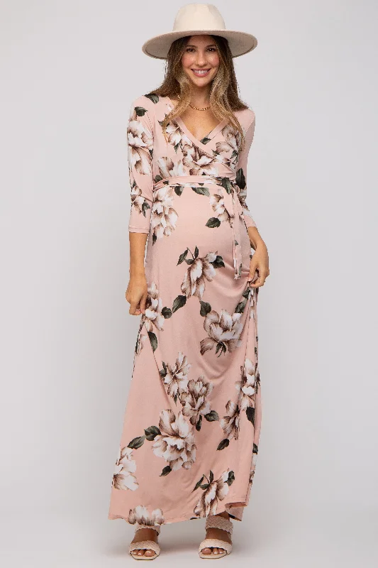 Light Pink Floral Wrap Maternity Maxi Dress Elegant Pleated Maxi Dress