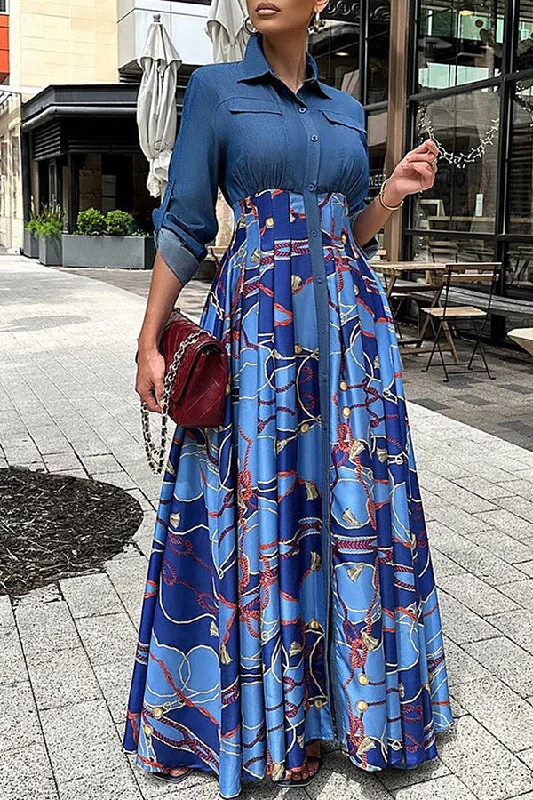 Shirt Collar Abstract Print Maxi Dress Elegant Floral Maxi Dress