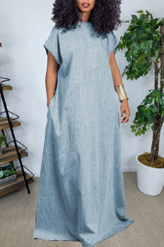 Vintage V-Cut Back Denim Maxi Dress Trendy A-Line Maxi Dress