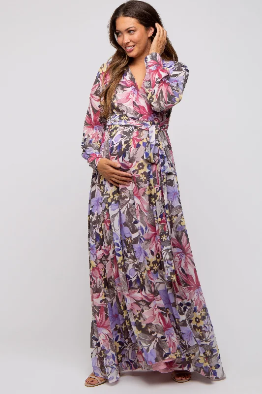 Mauve Floral Chiffon Wrap Front V-Neck Long Sleeve Maternity Maxi Dress Elegant Lace-Up Maxi Dress