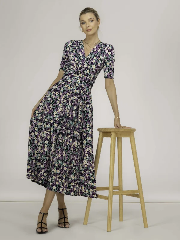 Molly Jersey Maxi Dress, Purple Floral Elegant Velvet Maxi Dress