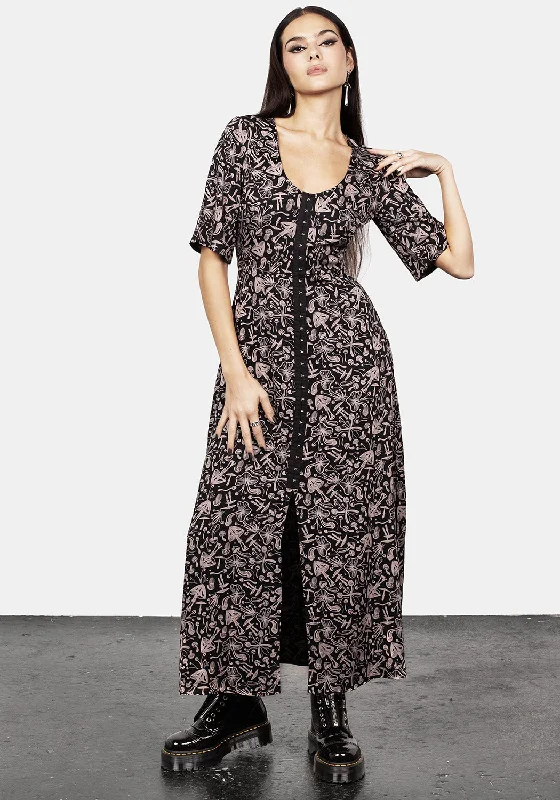 Mycophile Mushroom Print Split Maxi Dress Comfortable Satin Maxi Dress