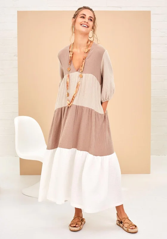 Naya Ombre Panel Smock Maxi Dress, Beige Stylish Boho Chic Maxi Dress