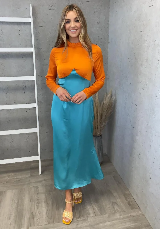 Never Fully Dressed Colour Block Maxi Dress, Orange & Teal Elegant Silk Maxi Dress