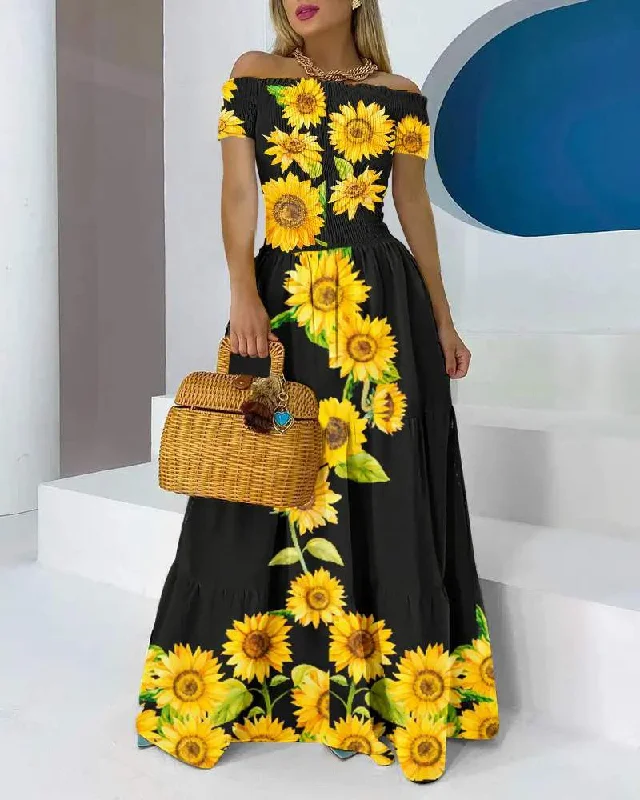 OFF SHOULDER SUNFLOWER PRINT SHIRRED MAXI MID LENGTH MAXI DRESS Comfortable Bohemian Maxi Dress