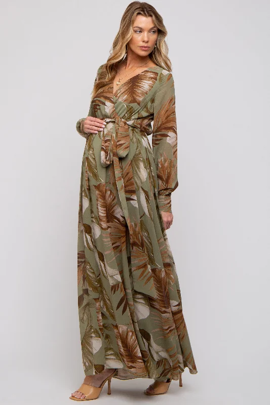 Olive Palm Print Chiffon Wrap Front V-Neck Long Sleeve Maternity Maxi Dress Classic A-Line Maxi Dress