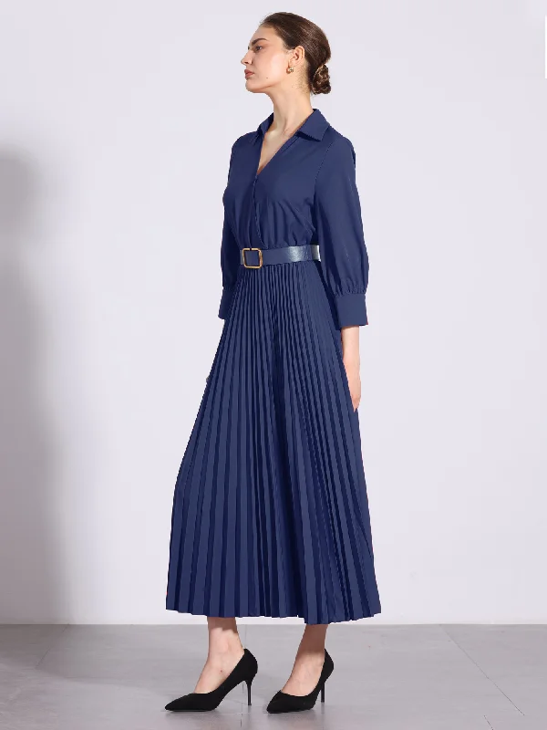 Collar V Neck Belted Dressy Casual Pleated Maxi Dress Comfortable Bohemian Maxi Dress