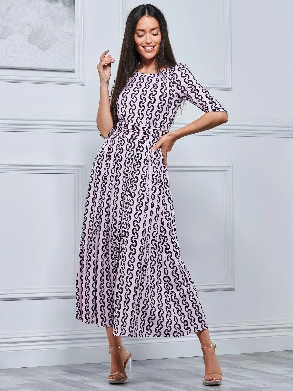 Pauline Sleeved Maxi Dress, Pink Pattern Trendy A-Line Maxi Dress