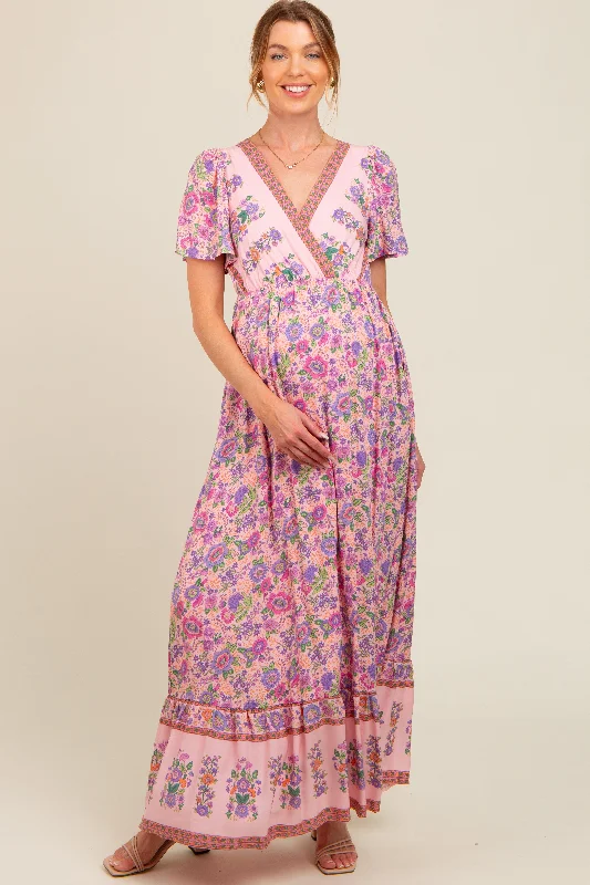 Pink Floral Border Printed Woven Short Sleeve V-Neck Maternity Maxi Dress Stylish Pleated A-Line Maxi Dress