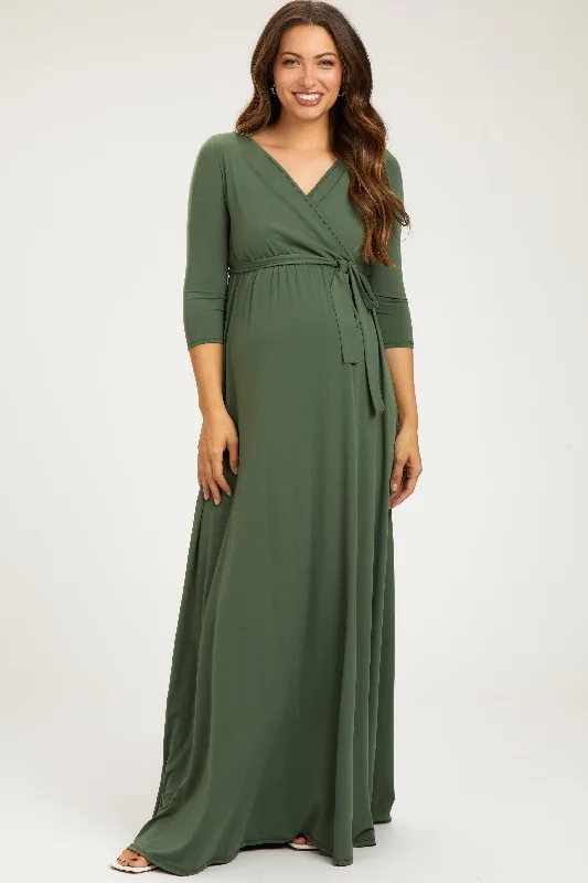 PinkBlush Light Olive Draped 3/4 Sleeve Maternity Maxi Dress Elegant Wraparound Maxi Dress